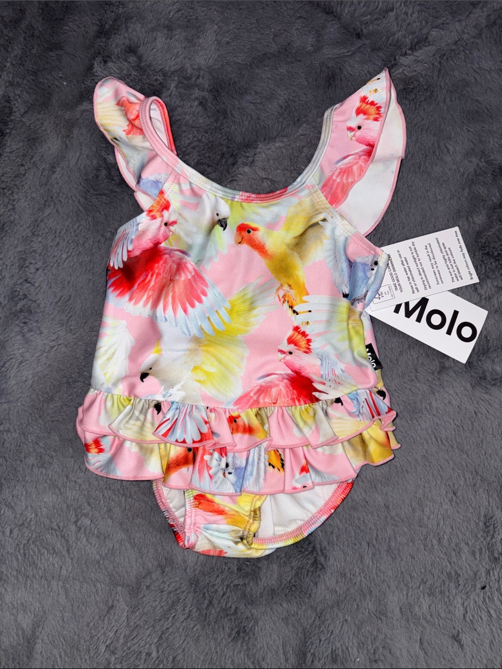 Molo Pink Parrot Ruffle Swim Onesie